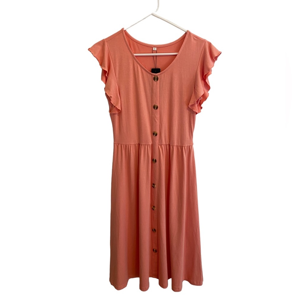 Lamilus Women's Casual Summer Ruffle Sleeve V-Neck Button Down A-Line Dress - Picture 3 of 10